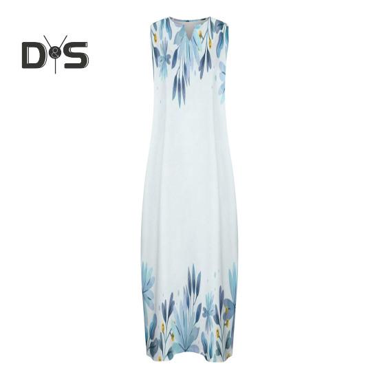 Women Summer Dress V-neck Sleeveless Floral Print Maxi Dress with Pockets Loose Fit Flowy Long Sundress