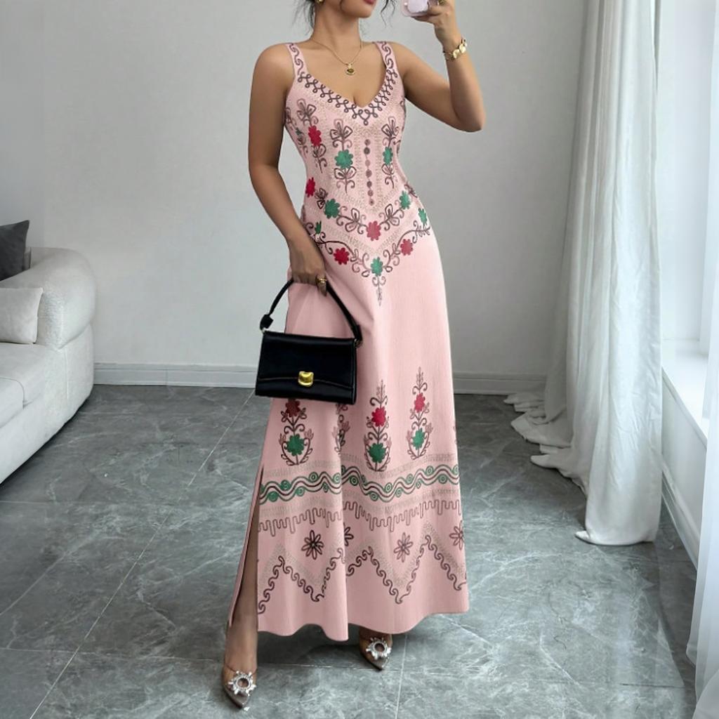 Women's Sleeveless V Neck Vintage Floral Print Maxi Dress with Side Slit Elegant Casual Summer Dress for Outdoor Events