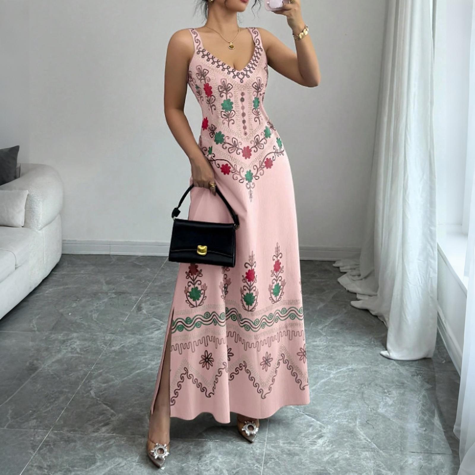 

Women s Sleeveless V Neck Vintage Floral Print Maxi Dress with Side Slit Elegant Casual Summer Dress for Outdoor Events L