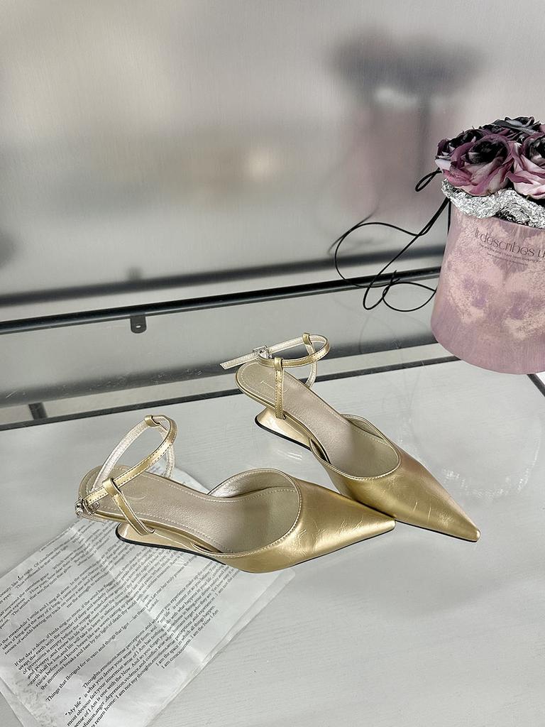 fashion Pointed Toe Women Sandals 2024 New Arrivals Party Dress Shoes Wedge Mid Heeled Black Silver Green Gold Sexy Ankle Strap Pumps