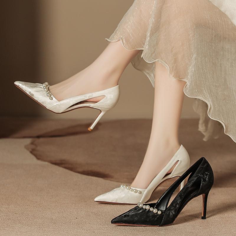 Women Ice Silk Hollow Out Pearl High Heels Autumn French Pointed Toe Slim Heel Vulcanized Shoes Elegant Design