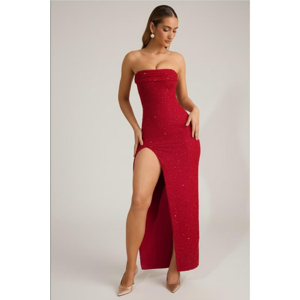 Women's Strapless Glitter Maxi  Dress  High Slit Bodycon Party Evening Gown
