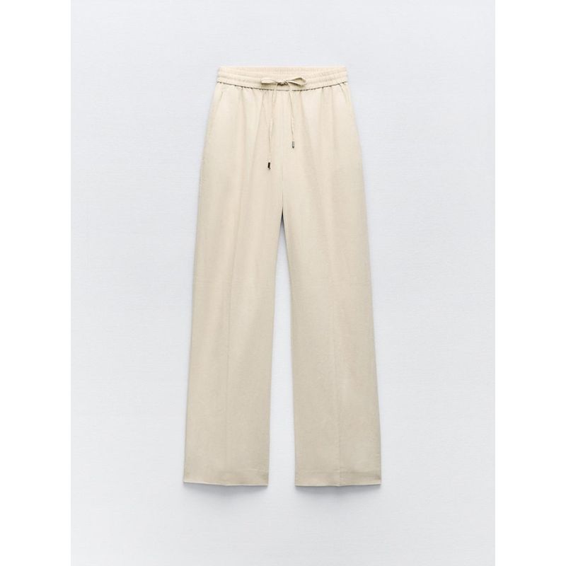 Za2024 Summer New Product Women's Clothes Drawstring Elastic Waist Linen Wide Leg Casual Straight Pants 9929040 401
