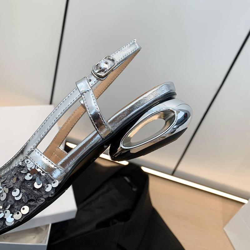 Fashion 2024 Women's New Nightclub Pointed Shining Metal Elastic Buckle Leather Cowhide Comfortable Low Heel Large Headed Muller Sandals