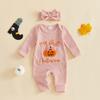 Citgeett Autumn Infant Baby Girl Fall Outfit Long Sleeve Pumpkin Embroidery Jumpsuit Headband Casual Clothes