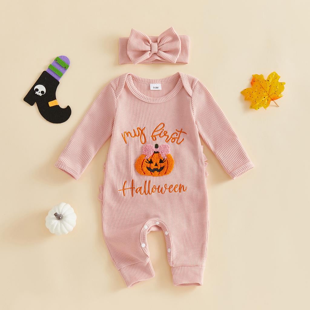 Citgeett Autumn Infant Baby Girl Fall Outfit Long Sleeve Pumpkin Embroidery Jumpsuit Headband Casual Clothes