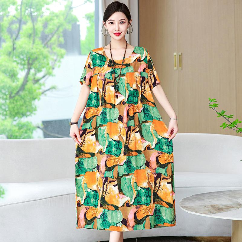 Cotton Silk Dress Women's Summer Large Size Temperament Loose Printing Casual Cotton and Linen Long Skirt