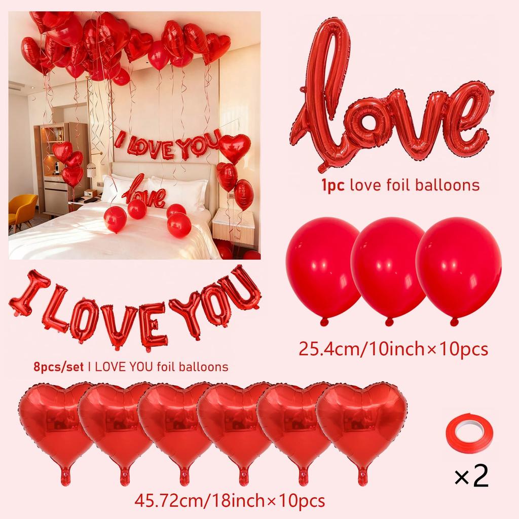 I LOVE YOU Banner & Heart Shaped Foil Balloon Set,   For Valentine's Day , Proposal, Birthday , Anniversary , Wedding  Decor