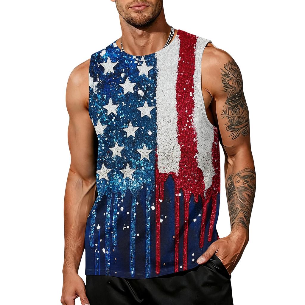 Men's casual trend colorful flag print tank top for men, men's sporty breathable sleeveless shirt