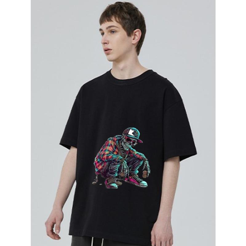 Black T Shirt with Colorful Skeleton Hip Hop Design for Casual Wear