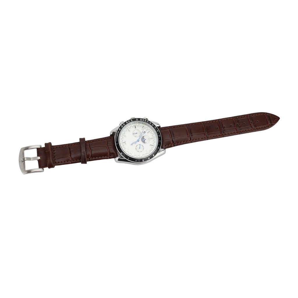 Men Automatic Mechanical Watch Moon Phase 6 Luminous Hands Self Winding Chronograph Display PU Leather Strap Analog