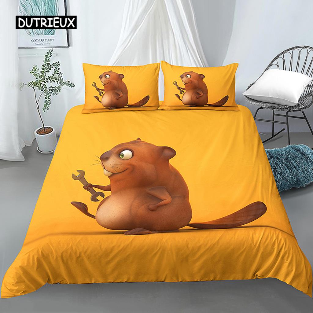 Bettbezug mit Cartoon-Biber, King-Size-Bett, schöne Tier-Bettwäsche-Set, für Kinder, Mädchen, Wildtiere, Polyester, Bettbezug, Kissenbezug