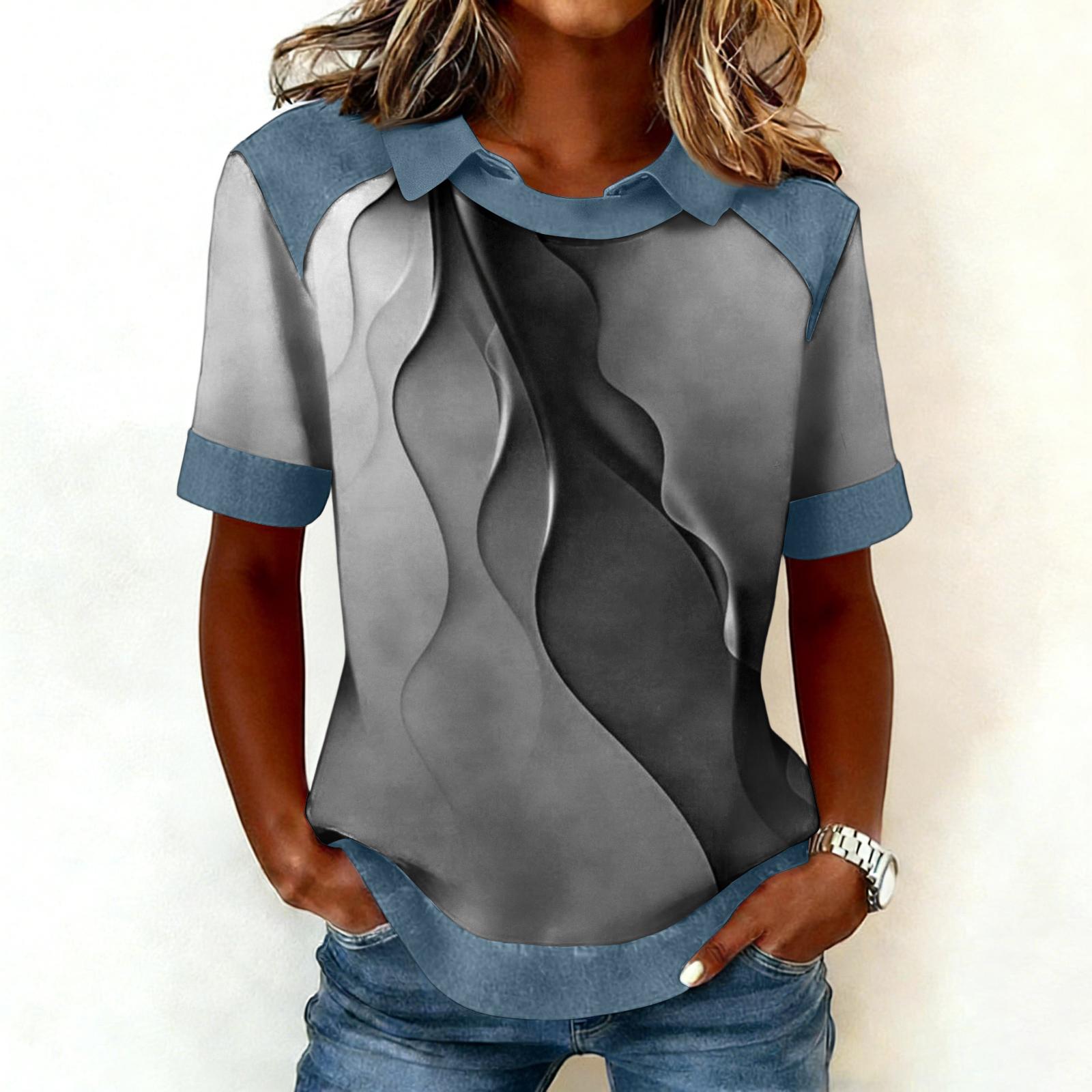 

Женская модная ковбойская толстовка с воротником и вставками, повседневная толстовка с принтом, рубашка с коротким рукавом, топ S