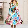 Women Plus Size V Neck Long Sleeve Printed Blue Green Tie Waist A Line Flared Dress