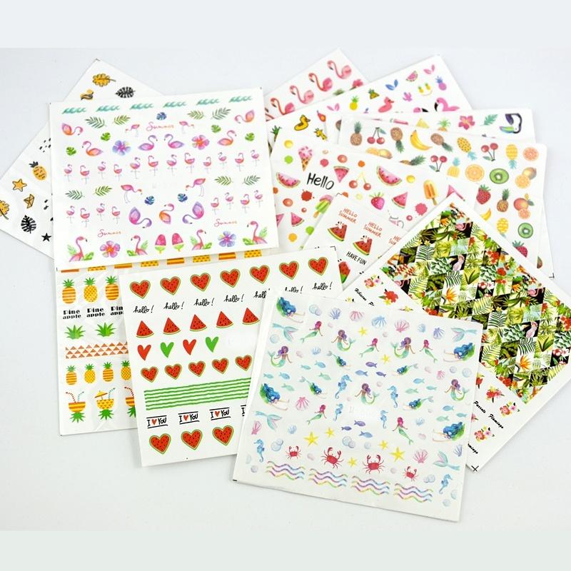 5 Sheets Summer Style Nail Water Decals Gradient Tropical Flamingo Stickers Fruit Watermeleon Nail A