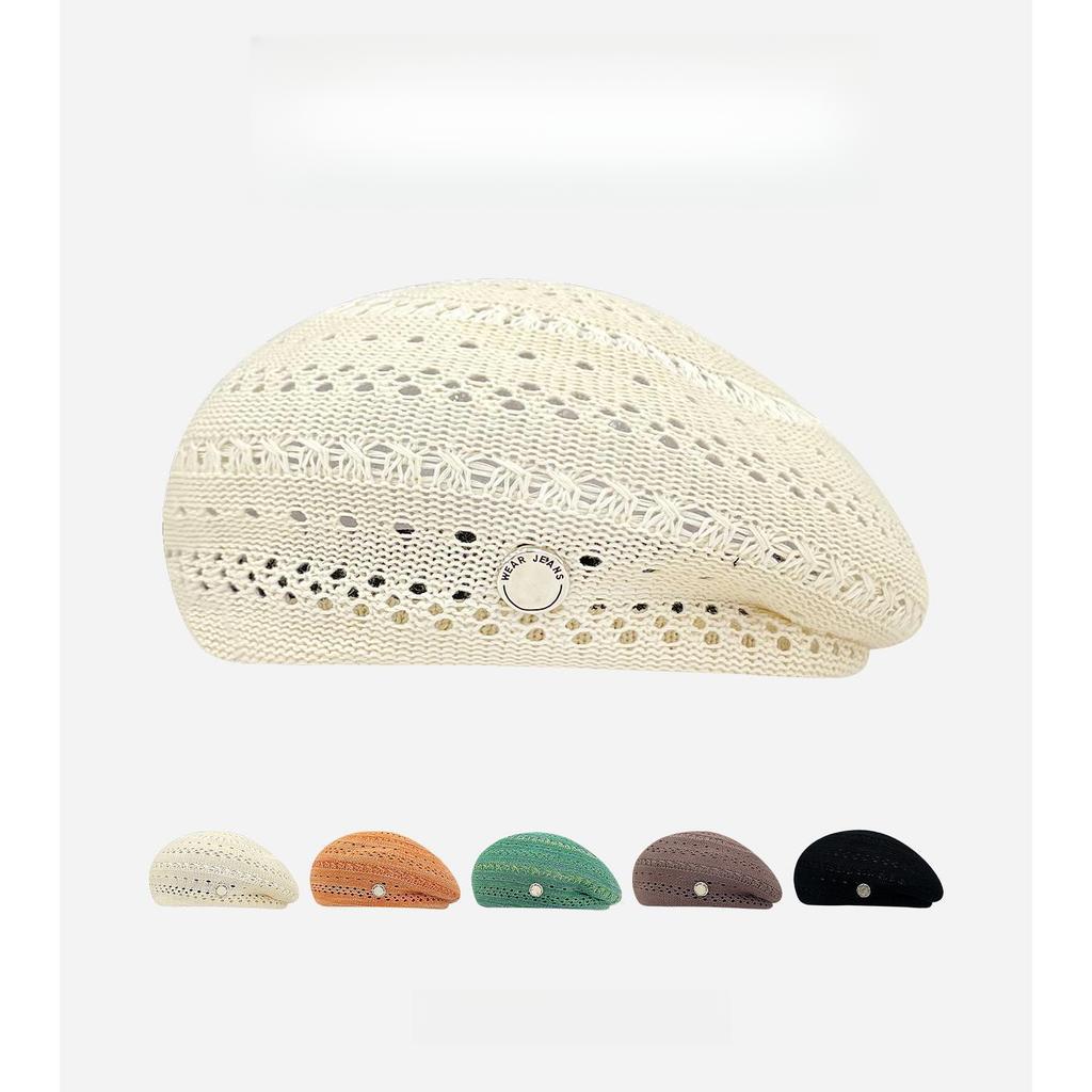 Summer Moss Green Retro Hollow-Out Knitted Beret Women Face-Slimming Trendy Artist Hat Painter Cap Female