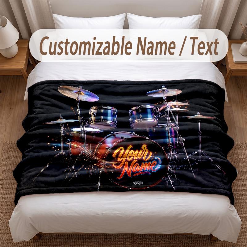 Music Drums Theme Soft Blanket Personalized Custom Name Text Print Warm Blanket Home Sofa Bedroom Decor