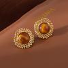 Unique Metal Woven Maillard Wind Tiger'S Eye Stone Stud Earrings Niche Retro Earrings High-End Light Luxury Fashion Earrings