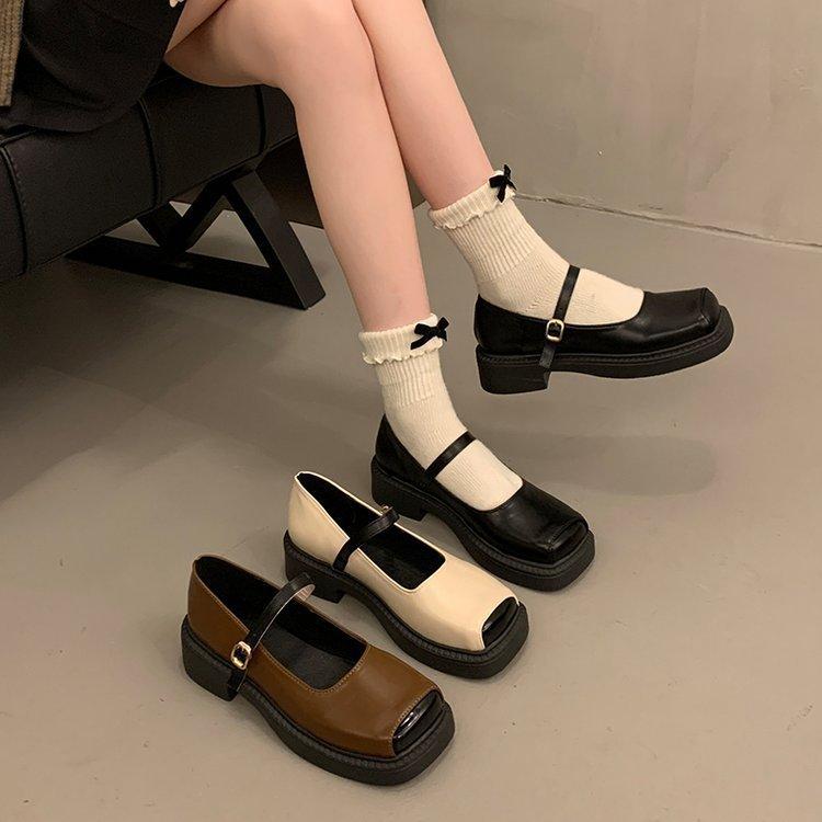 Mary Jane Shoes Female One Word Buckle with Thick Heel Shallow Mouth Single Shoes Female Retro Heightening Shoes