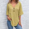 Top Estivi da Donna Scollo a V Manica a Tre Quarti Casual T-Shirt Tinta Unita Decorazione Bottoni Vestibilità Ampia Lunghezza Media Blusa