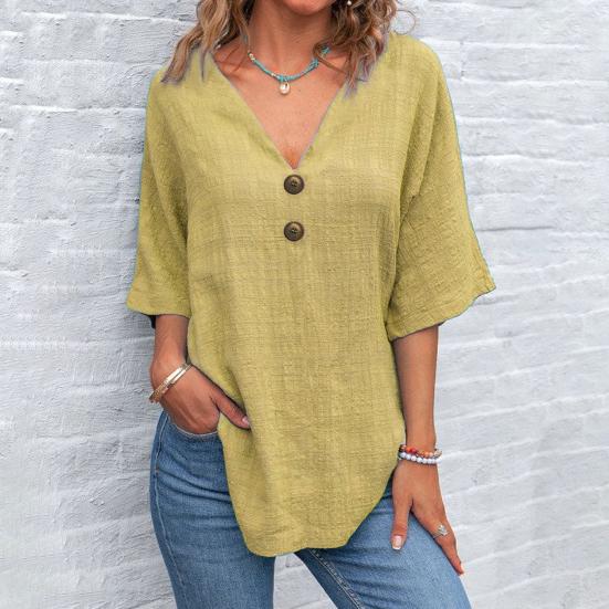 Top Estivi da Donna Scollo a V Manica a Tre Quarti Casual T-Shirt Tinta Unita Decorazione Bottoni Vestibilità Ampia Lunghezza Media Blusa