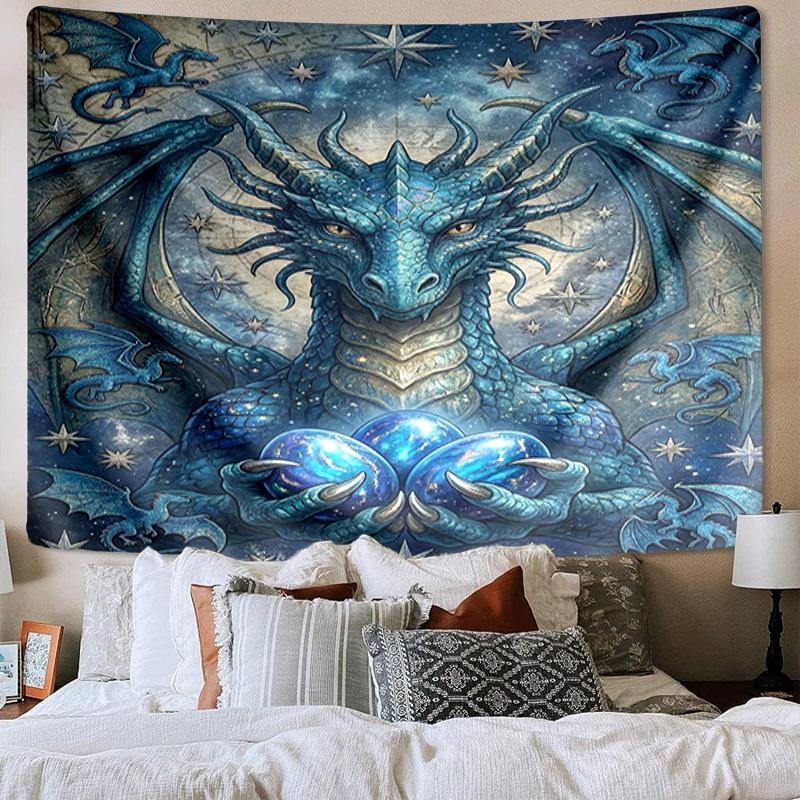 Blue Dragon Holding Stars Tapestry Room Decoration Wall Hanging for Living Room Bedroom, Dormitory, Birthday and Christmas Gifts