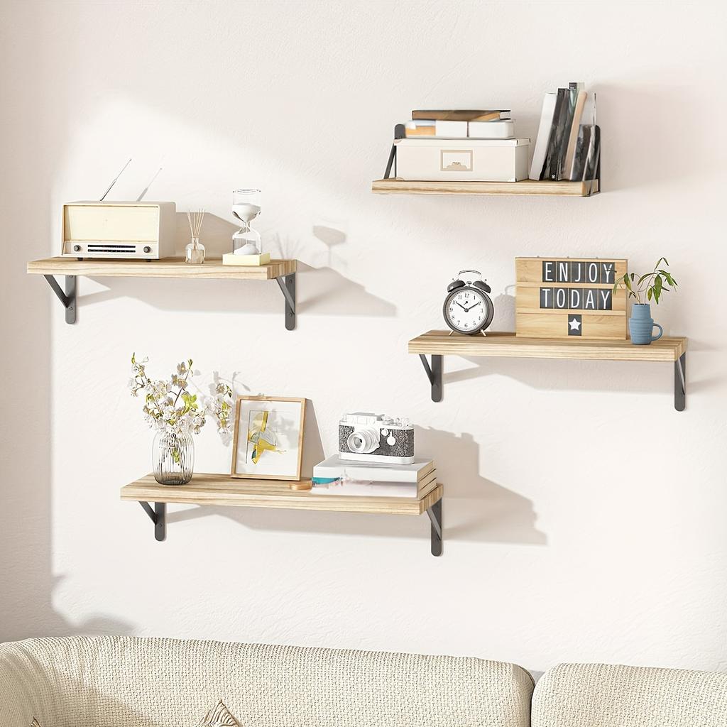 4 Pcs Carbonized Black Floating Shelves, Rustic Wood Shelves, Wall Mounted Shelf for Bathroom Decor, Bedroom, Living Room, Plants, kitchen,bathroom