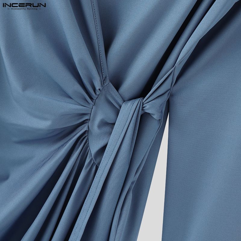 INCERUN 2 SZTUKI Męskie Koszulki z Dekoltem V i Długim Rękawem Falbankowe Skręcone Zestawy Ubrań Domowych Spodnie