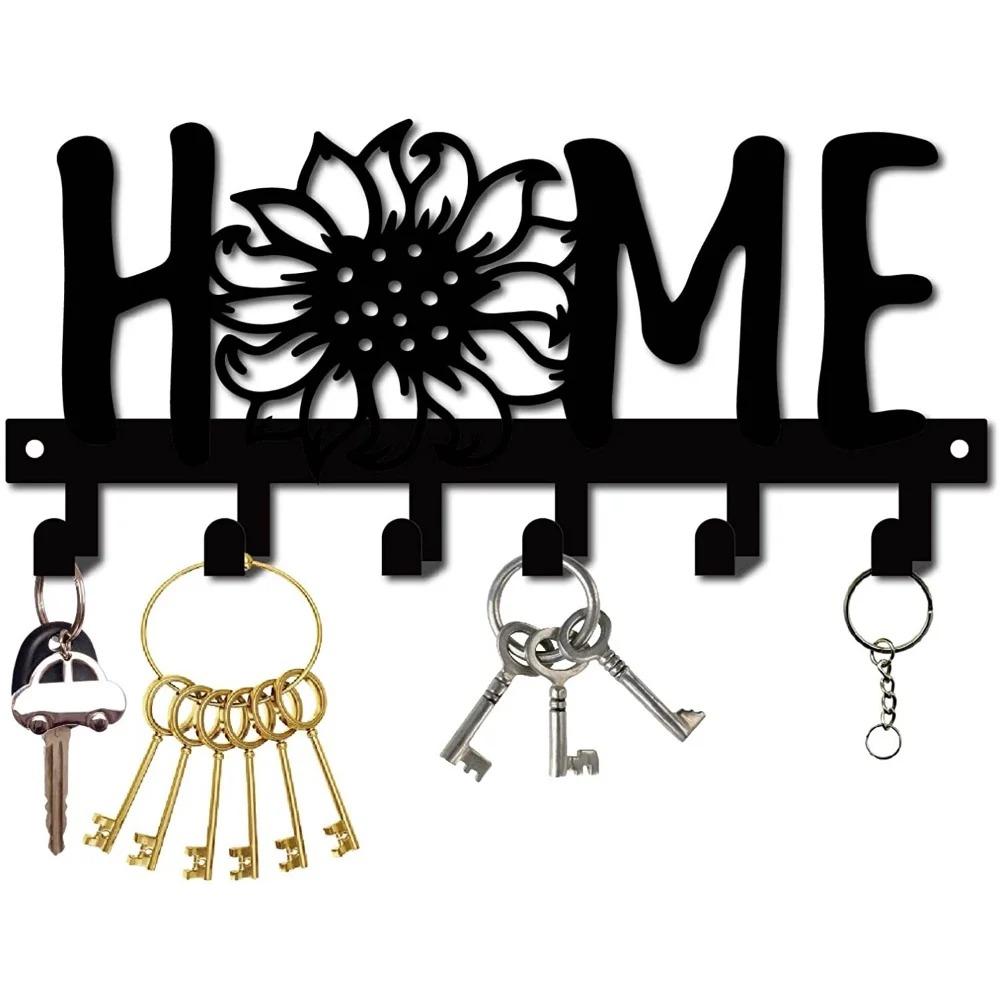 1pc Sunflower & Letter Design Black Metal Key Holder – Multi-Purpose Wall Hook for Porch, Hallway, Ideal for Keys and Clothes