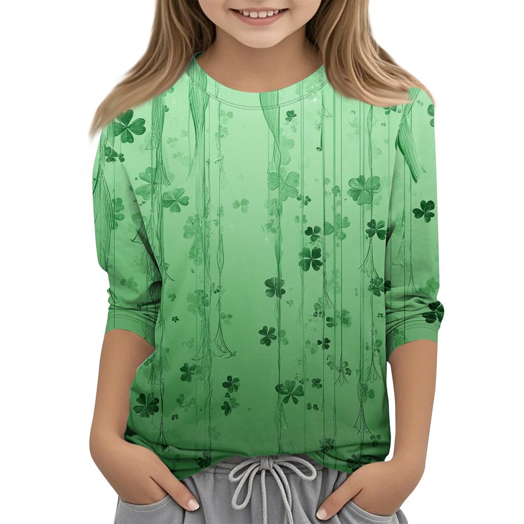 St. Patrick's Day Print Tops For Youth Girls 4-11 Years Round Neck 3/4 Sleeves T-Shirts Trendy Tops Outfit Tees