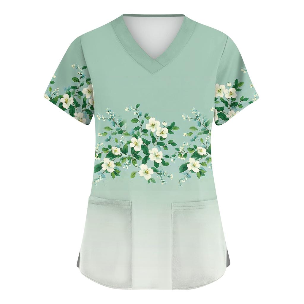 Women's Fashionable V-neck Workwear Printed Short Sleeved Pocket Side Slit Workwear Basic Pullover Top