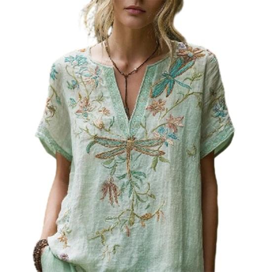 

Women Shirt V-Neck Short Sleeve Solid Color Loose Fit Pullover Tops Embroidery Flower Pattern Summer Tops Daily Wear S A