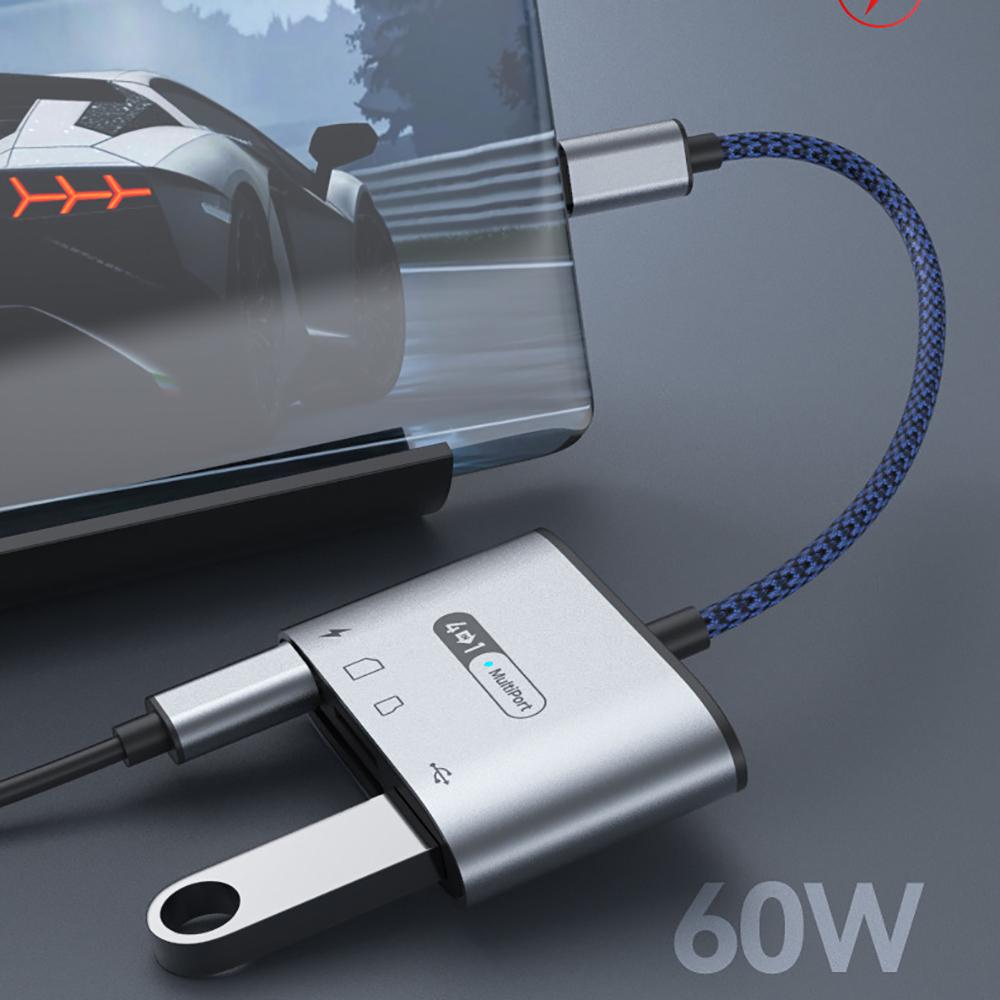 Type C 4-in-1 Card Reader For SD &TF Data Transfer USB 3.0 USB-C Fast Charge 60W