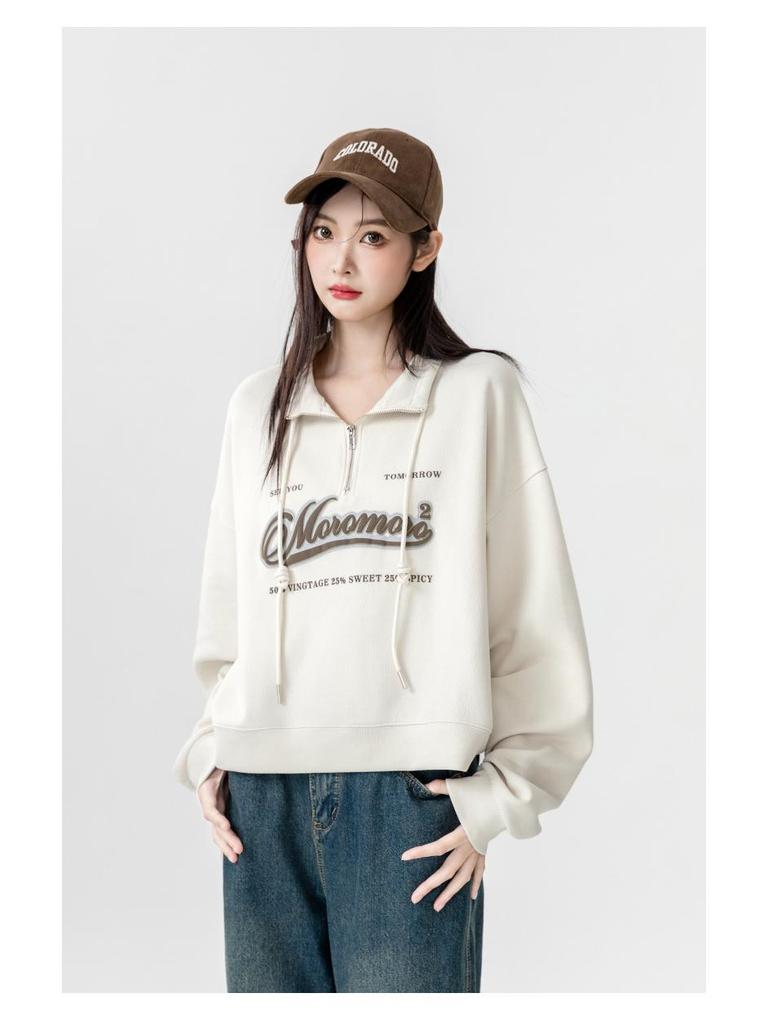 Europäischer Stil Stehkragen High Waist Sweatshirt für Damen - Übergröße, Schlankmachend, Lockere Passform, Kurzes Oberteil für Frühling & Herbst 2025