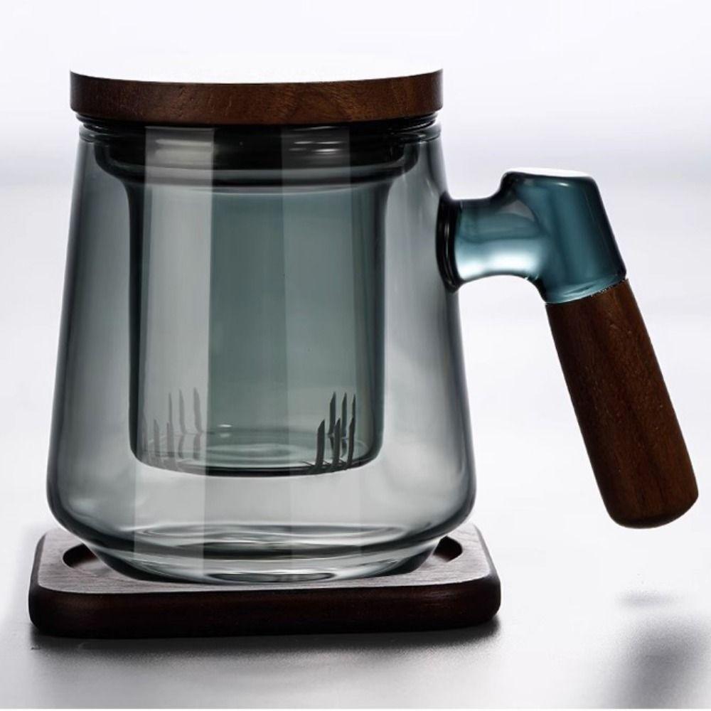 High Borosilicate Glass Glass Tea Cup with Tea Infuser Wood Handle Clear Teapot  Office Use