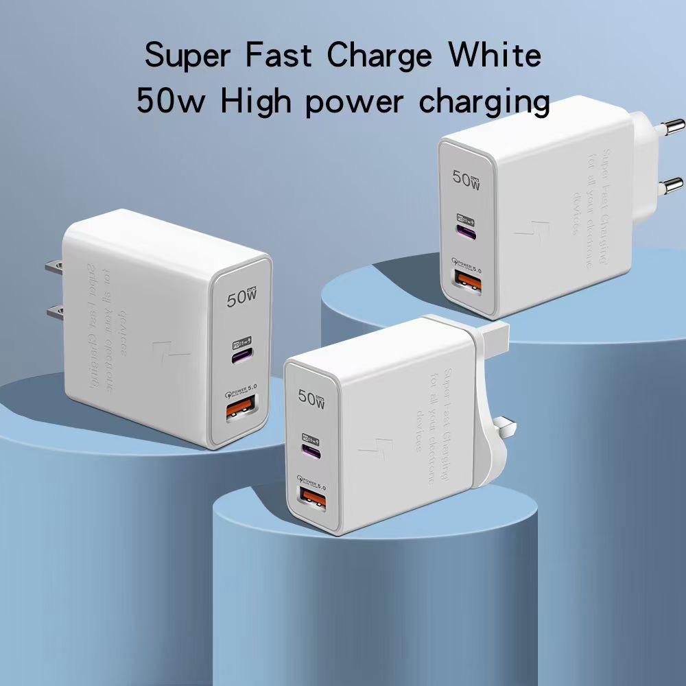 50W Dual-Port Charger, Compatible with Samsung, Huawei, and Apple Phones, PD Fast Charging Adapter for EU/US/UK Standards.