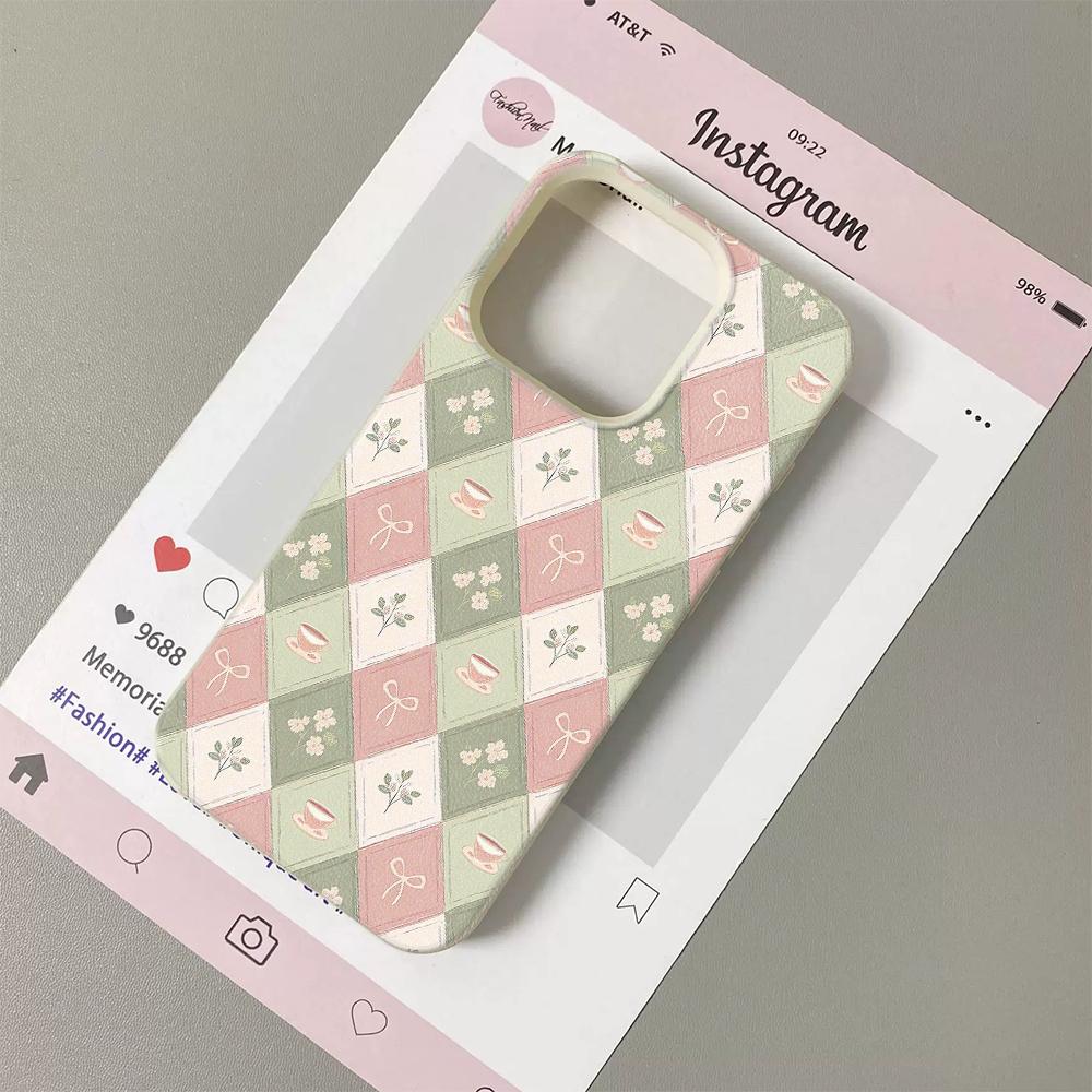 

Pink Green Argyle Tea Cup Bow Lichee leather pattern Phone Case For Redmi A5 A3 A1 14C 13 12 10 9 8 K60 Ultra Shockproof Cover Redmi 10C