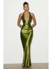 2026 Spring Festival: New Halter Deep V-Neck Pleated Off-the-Shoulder Long Dress in European and American Styles