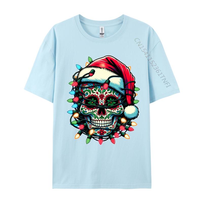 Weihnachten Zuckerschädel Weihnachtsmannmütze Lichter Tag der Toten X-Mas T-Shirts Herren T-Shirt Tops Baumwolle Oversized T-Shirt Herren Kleidung