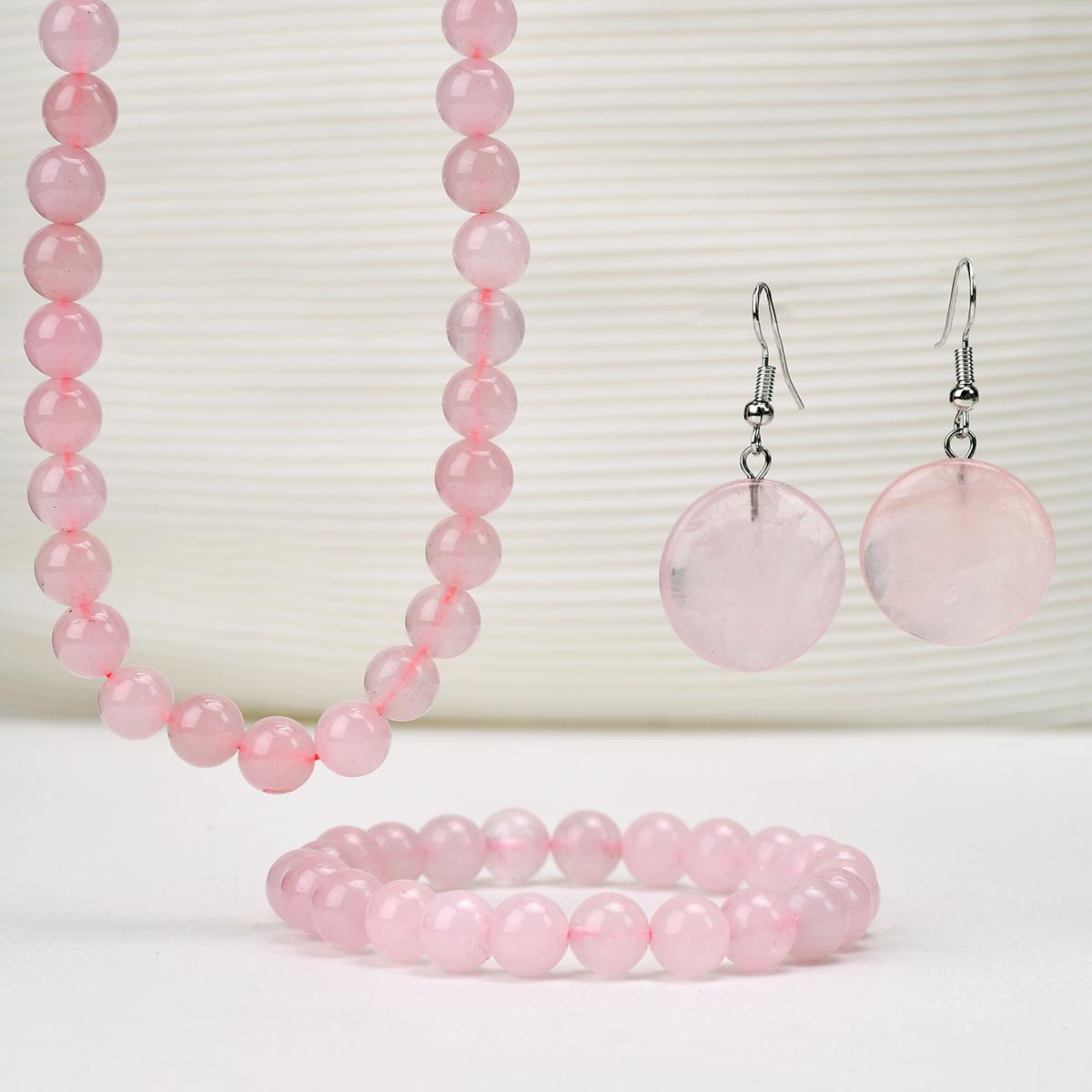 Lucky Star Jewelry Women's Pink Natural Stone Rose Quartz Round Necklace Bracelet Earrings Set Bohemian Fashion Sweet Handmade Zircon
