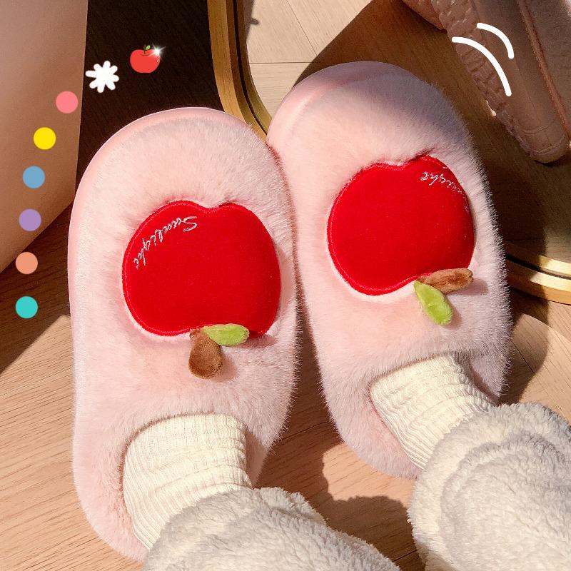 

Apple cotton slippers women s home autumn and winter cute new plush warm thick bottom fluffy slippers winter women s 36-37 [Suitable for sizes 35-36]