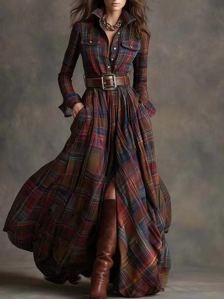 Women's Plus Size French Retro Plaid Slimming Irregular Dress Skirt