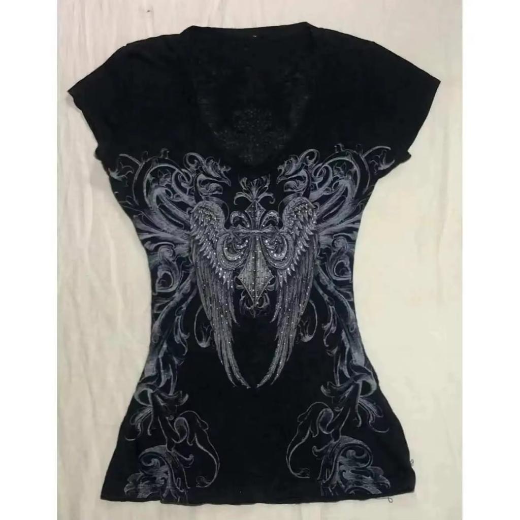 TrendHub Y2k Clothes Punk Crop Top Aesthetics Hot Girl Grunge 90s Harajuku V-neck Streetwear Short Sleeve Goth Slim T-shirt Cross Graphic