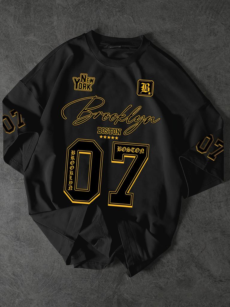 Brooklyn 07 Nadruk Litery i Liczb Casualowa Koszulka Unisex Vintage Czarno-Złoty Graficzny Krótki Rękaw Streetwear Hip Hop Luźna Koszulka Top