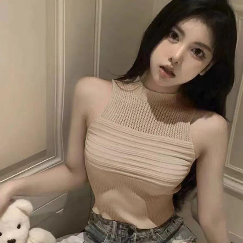 High Neck Hollow Ice Silk Camisole Tank Top for Women Summer Pink Halter Neck Slim Fit Short Style Knitted Sleeveless Top