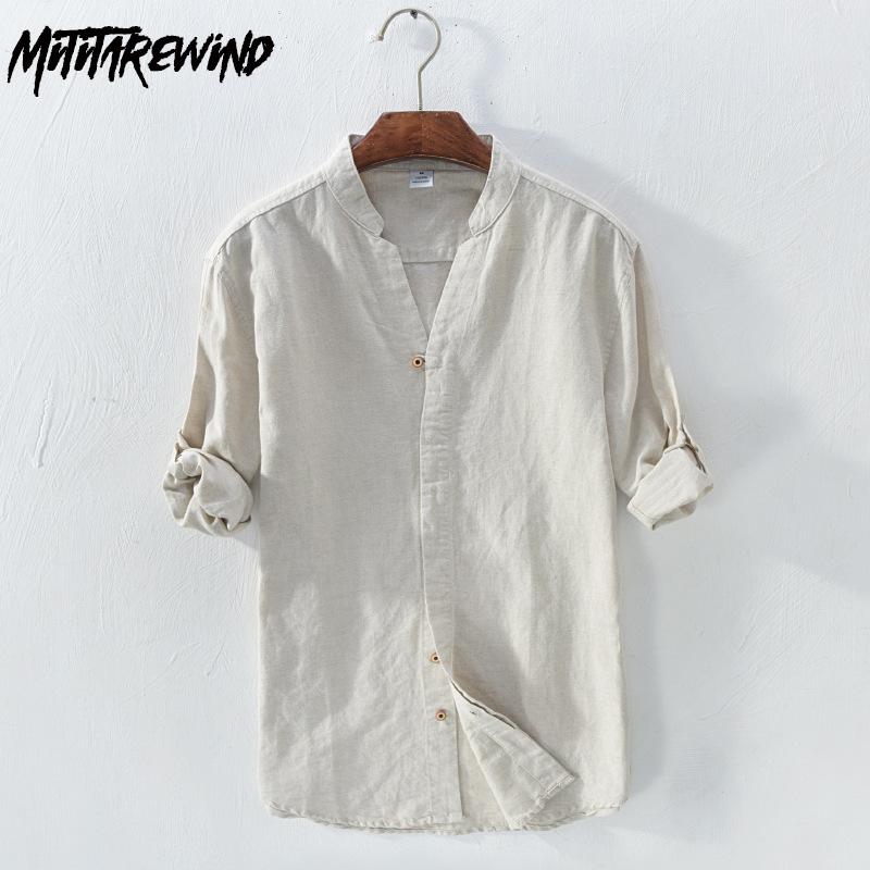 

Весенне-летняя мужская рубашка, повседневная повседневная рубашка с длинным рукавом, однотонная хлопковая льняная рубашка с воротником-стойкой, мужская одежда в китайском стиле ретро M белый