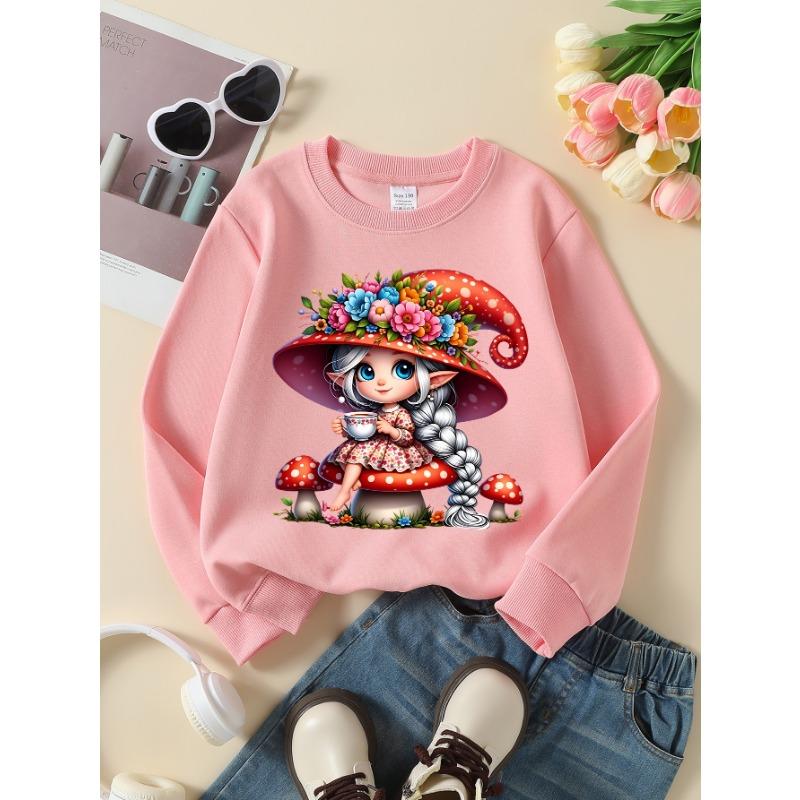European sizes Girls' Crewneck Sweatshirt Floral Mushroom Elf Tea Cup Pattern, Spring And Autumn, Sportswear & Casual, Soft, for Kids & Teens.