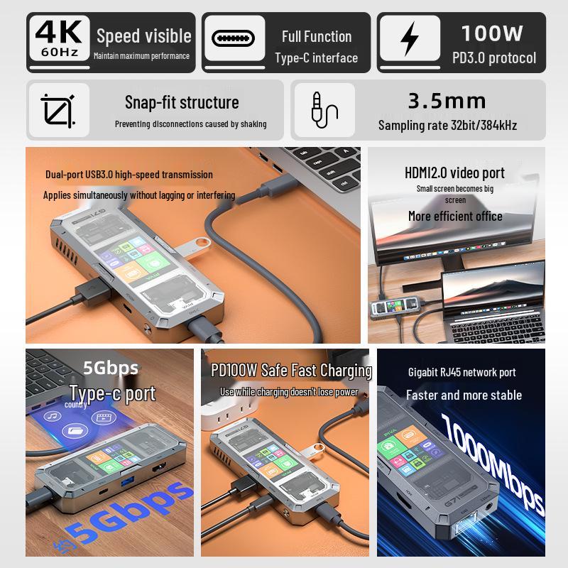 עמדת עגינה חכמה Piva G71 Type-C: HDMI 4K60Hz, Ethernet Gigabit, מפצל מהירות גבוהה