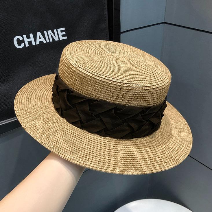 

Straw hat children summer beach sun protection cool hat shade straw sun hat celebrity style flat top hat Adjustable хакі
