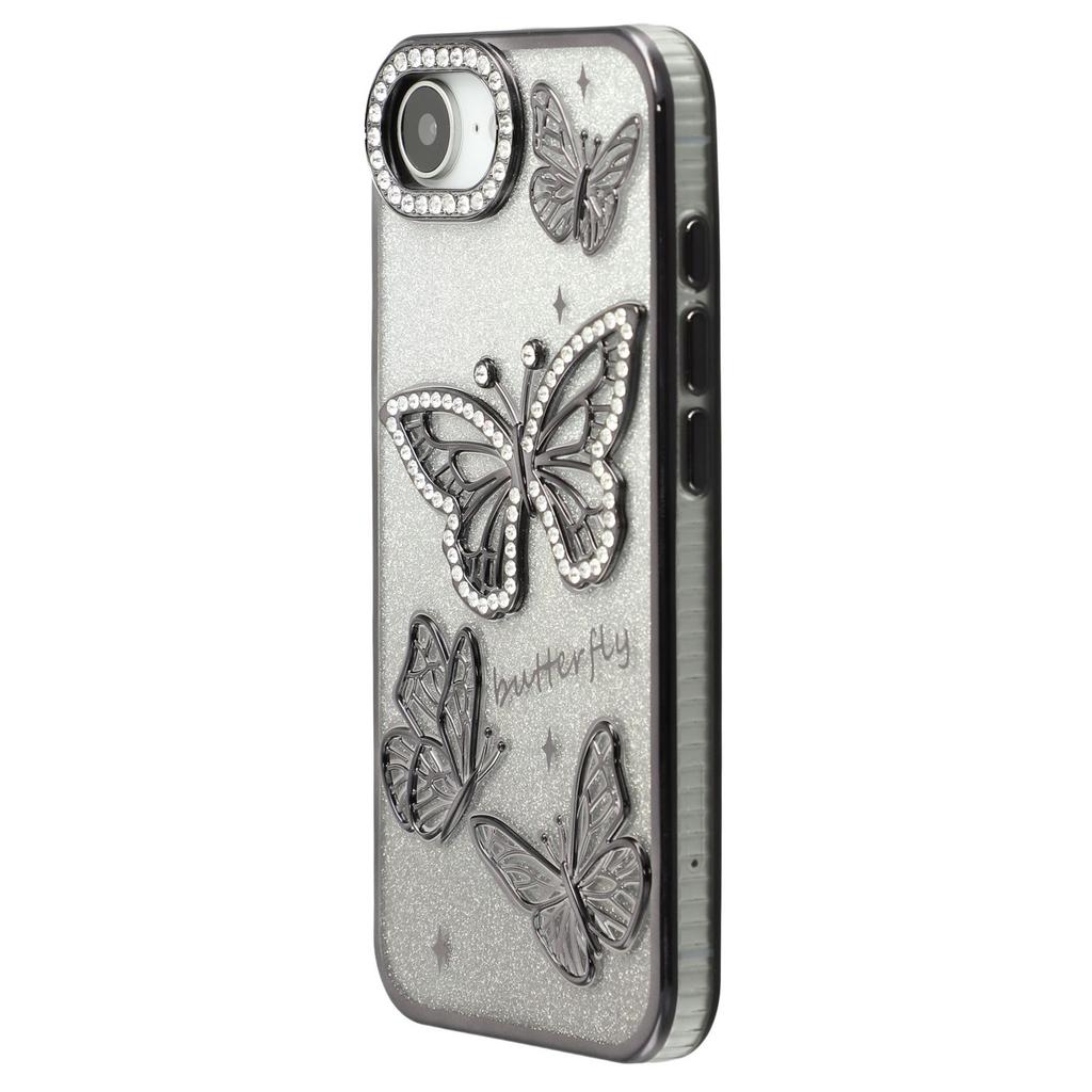 For iPhone 16e Case Rhinestones Decor 3D Butterfly TPU Phone Cover with Glitter Paper